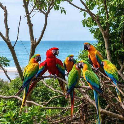 The image features a group of colorful birds perched on a tree branch near the ocean. There are a total of nine birds in the scene, with some of them sitting closer to the water, while others are positioned further back on the branch. The birds are of various sizes and colors, creating a vibrant and lively atmosphere. The combination of the birds, the ocean, and the tree branch creates a serene and picturesque scene.